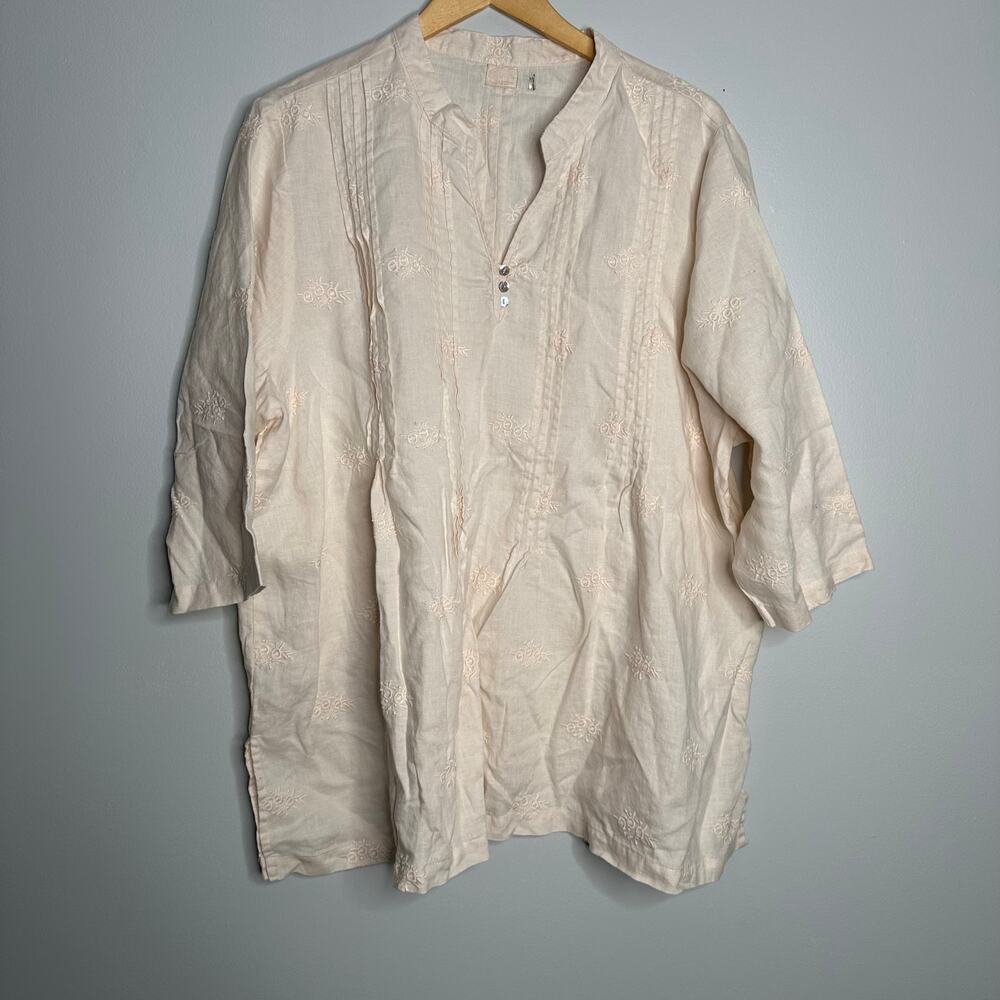 Symple NYC Tunic Women 2X Cream EUC Linen Embroidered Pintuck Henley Boho Top